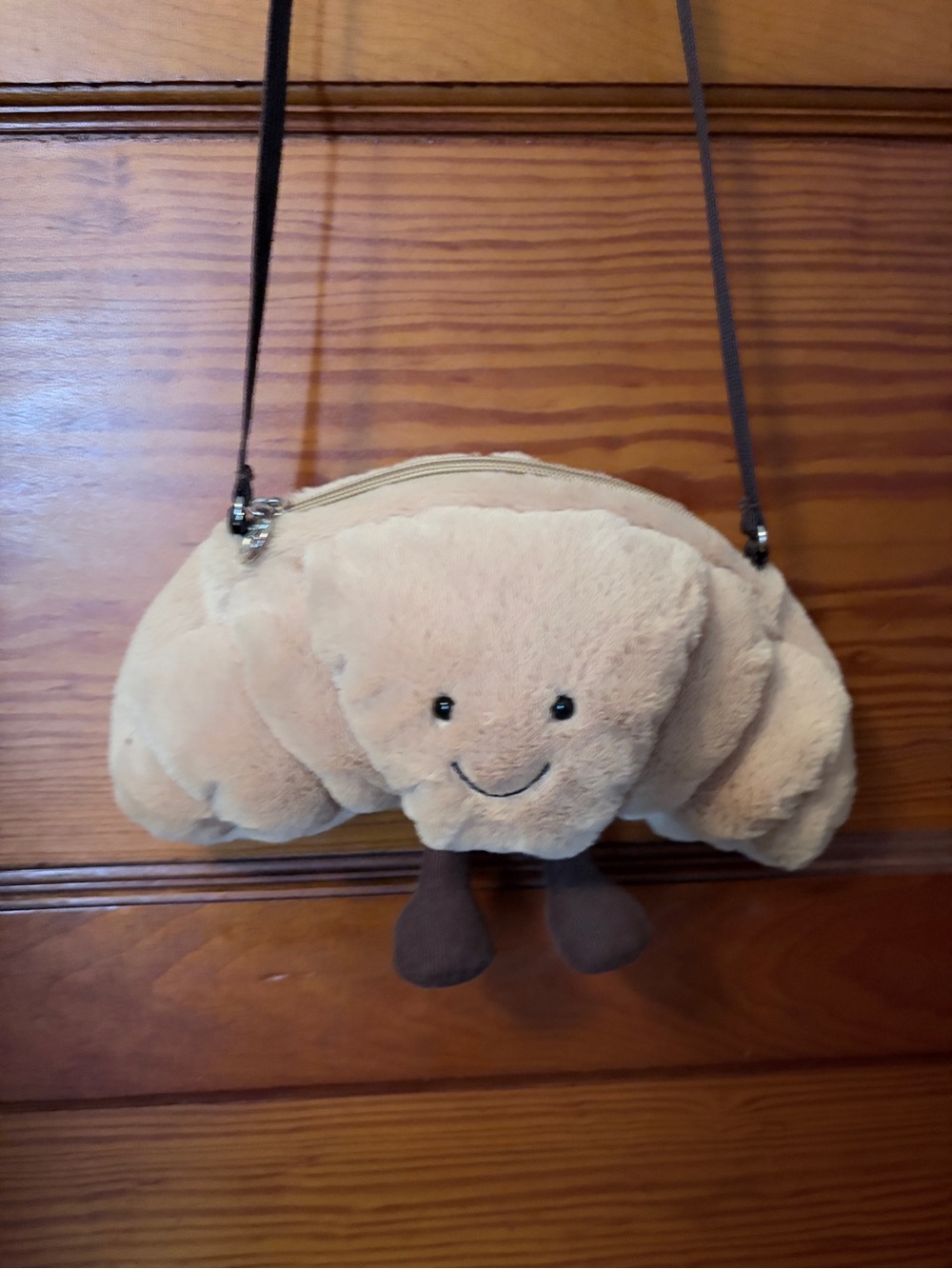 Jellycat Croissant Crossbody Zipper Bag with Brown Strap